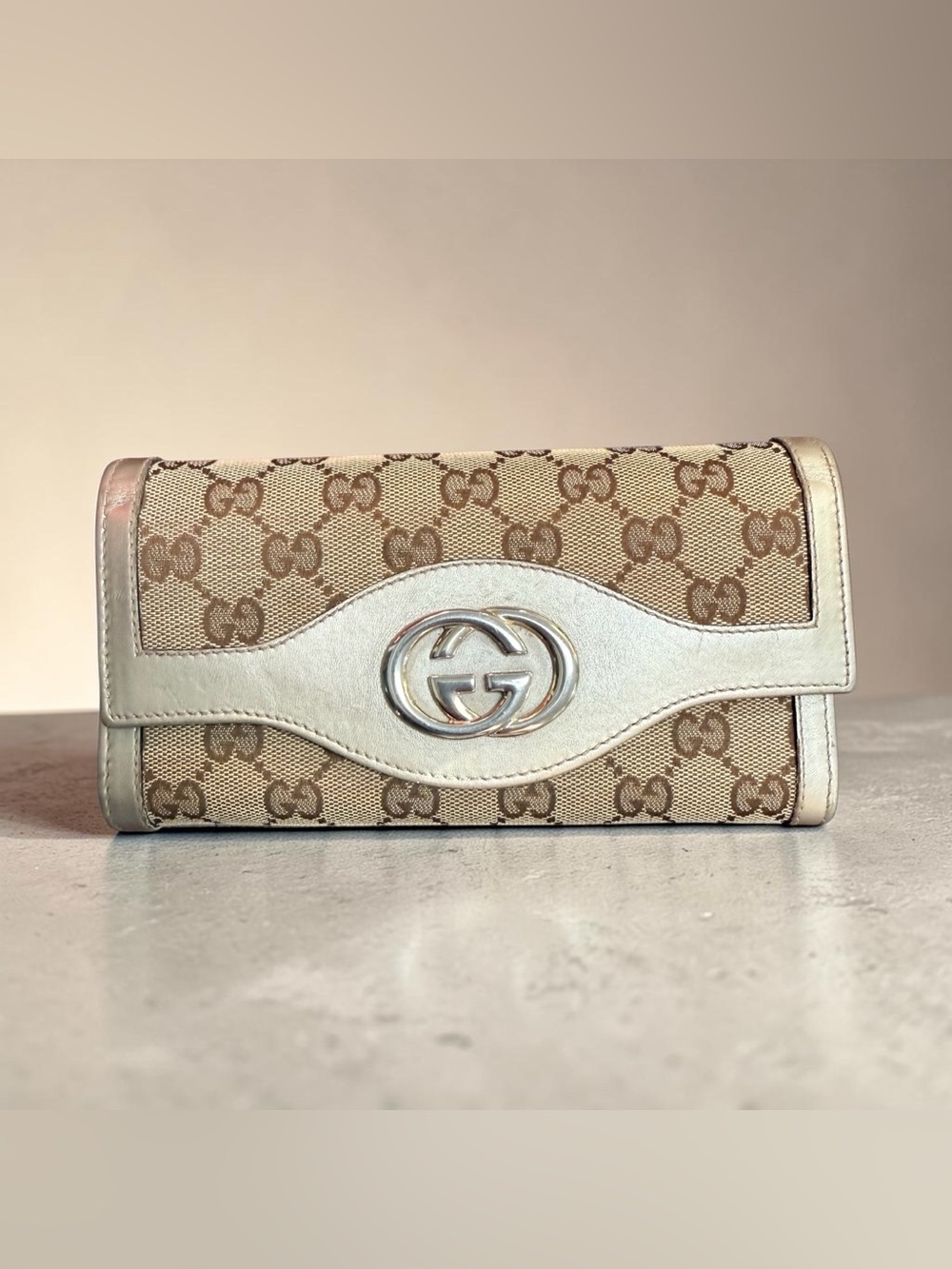 Gucci Monogram Canvas and Champagne Gold Leather Interlocking GG Long Wallet